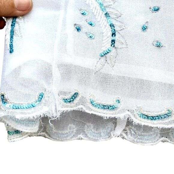 Beaded Sequin White Top S  Sleeveless Blue Turquoise 90s India Sirenscape - Picture 9 of 11